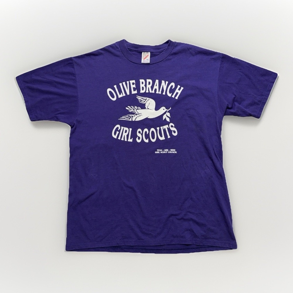 Vintage Girl Scouts T Shirt XL Purple Olive Branch Dove Jerzees 90s USA Made Tee